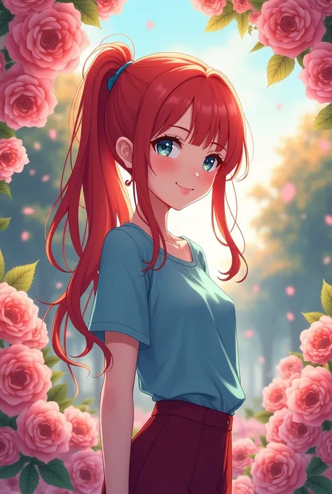 Anime girl with red hair with a small ponytail, blue blouse with black , wine-colored pants ,  place a park where roses are shining 