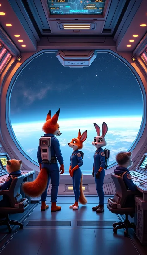 A futuristic space station with ZOOTOPIA characters in space suits working on a mission. Nick Wilde and Judy Hopps are leading the team, surrounded by holographic maps and high-tech control panels. The stations transparent windows reveal endless stars and ...