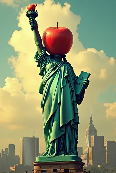 The Statue of Liberty with an apple