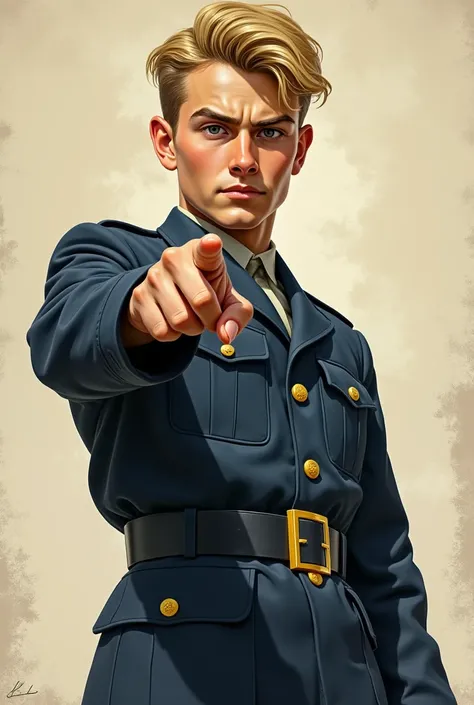  I want you to create the image of a young blond soldier from the 20th century wearing a dark blue uniform pointing forward with a very serious look
(Be inspired by the great advertisements of the Second World War )