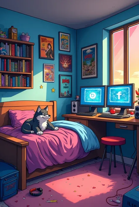 A teenage bedroom in cartoon style, with vibrant and well-designed details. The bed is unmade and a friendly-looking little wolf is lying on it. The environment has typical adolescent items, such as a dual-screen video game setup and a controller over a cl...