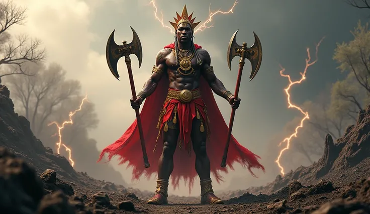 A desolate battlefield with charred trees and smoking rocks. An Xango, a dark-skinned African god, shirtless, athletic with strong features and an intense gaze, wearing a red cloak with gold details and a red and gold crown. Holding a double-bladed axe in ...