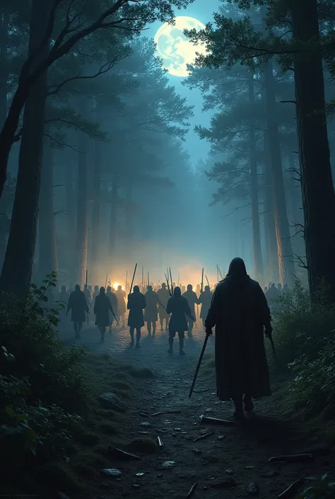 Abraham and 25 men with weapons attacking an arny at night in a forest with tall trees in Dan