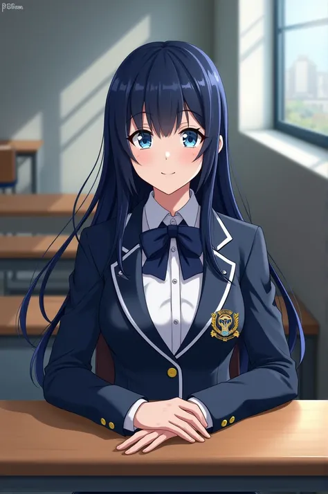 My hero Academia, girl,  dark blue hair, long, Blue eyes UA uniform sitting at a table in classes