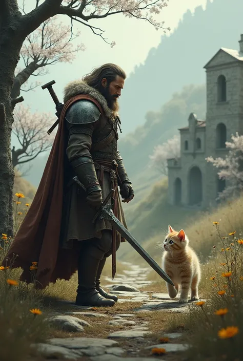 the warrior is walking next to a kitten and the kitten is talking to the warrior