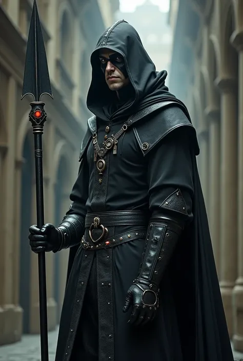 A tall man, with an unusual face, wearing a black medieval outfit with cyberpunk ,  details holding a double-pointed spear in the back with a mystical tone 