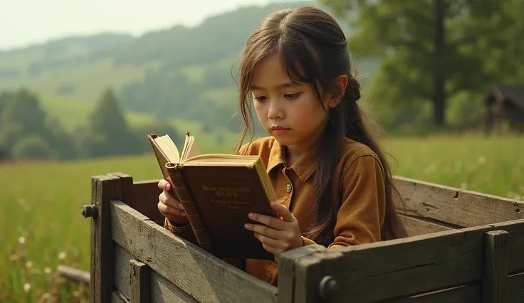 A girl rides in a wagon and reads Bloks book