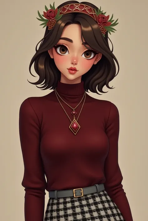 female,brown eyes, shoulder length brown hair, and tan skin. She wears a dark red turtleneck, black and white houndstooth pattern skirt, gray belt, necklace with rubellite stone, and headband with a floral diamond leaf pattern