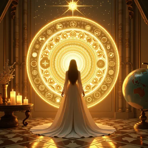 A ultra realistic 8k and detailed mystical scene and celestial scene featuring a woman standing at the center, facing away, wearing a long flowing white dress. She is positioned in front of a large glowing golden circle adorned with intricate astrological ...