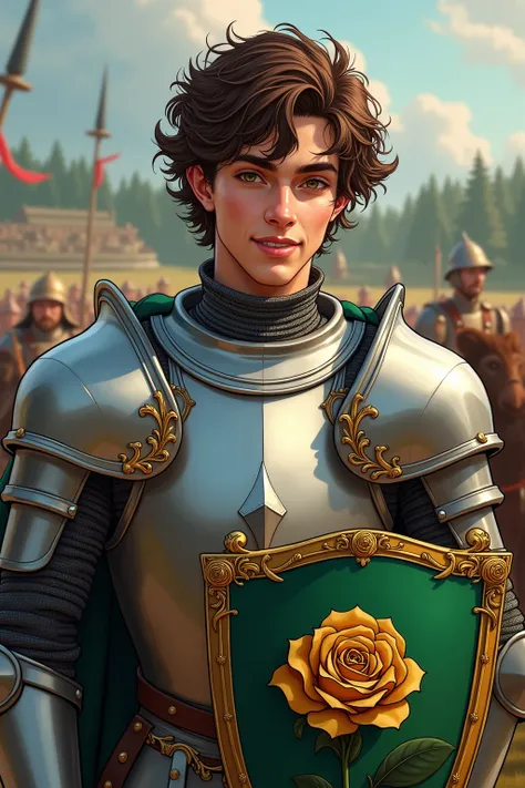 Exceptionally handsome young knight, 22 years. His hair is a mass of lazy brown curls. Smiling. He has big lively brown eyes. He is slender of frame, fit and athletic. He wears silver armor, a shield with a golden rose on a green field. The crest of his he...