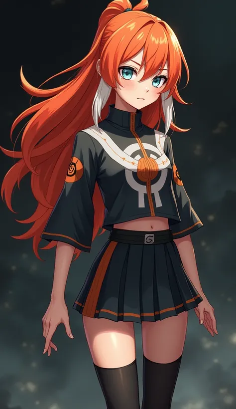 Image of a female character created by Masashi Kishimoto in anime style inspired by Naruto,  girl with a slender and beautiful full body fair skin with red fiery orange hair and very smooth with two white locks highlighted on the front, similar to those of...