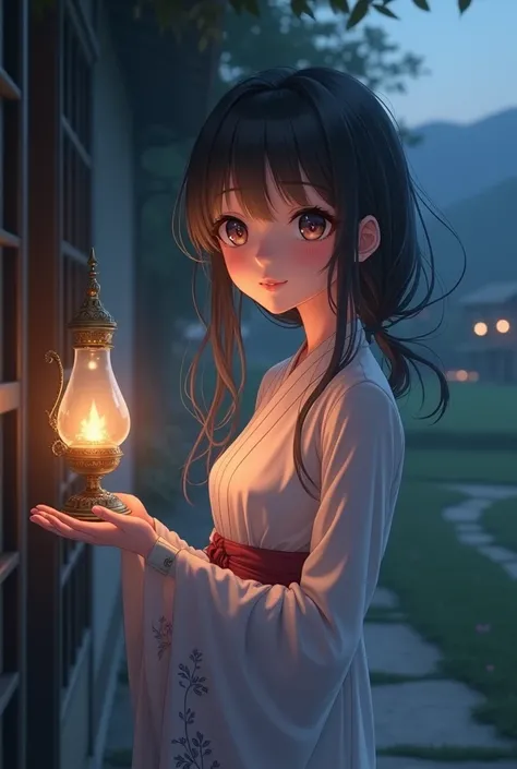  Anime girl with an oil lamp in her left hand.  Must be positioned obliquely to the left  