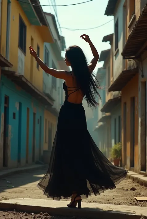  Create the cover of a CD called Yara .  Illustrate a female film artist with long black hair,  with her back and arms up as if she were dancing, On top of a slab in the favela . 