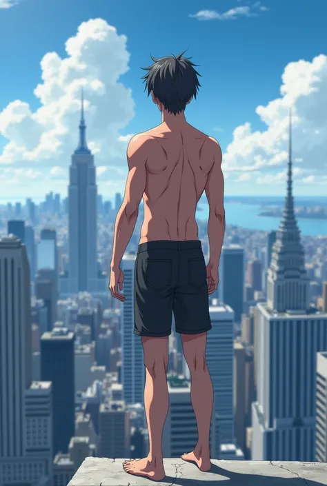 Naked anime guy shows his penis on the edge of a skyscraper 