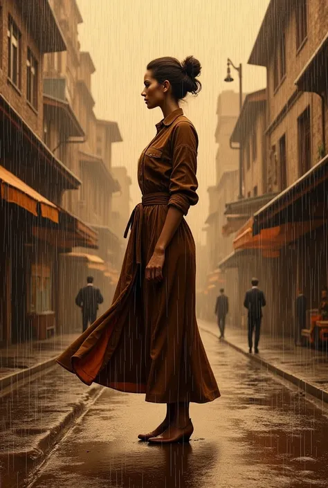  Create a pyrography image with the motif of a woman standing in the street during a heavy downpour. In the colors of brown tones  