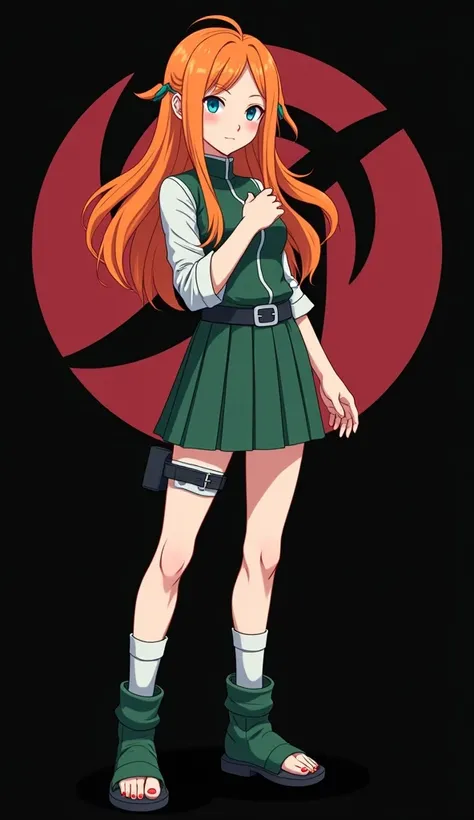 Female character created by Masashi Kishimoto in anime style inspired by Naruto,  girl with a slender and beautiful full body fair skin with red fiery orange hair and very smooth with two white locks highlighted on the front, similar to those of Rogue from...