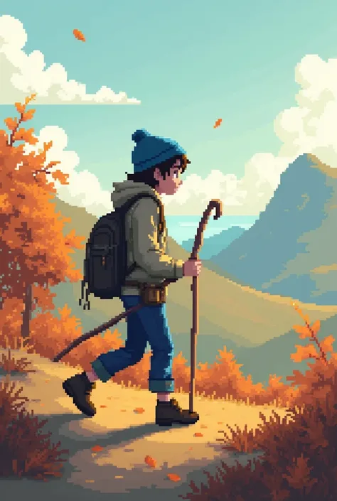 Jung Wanderer, Pixel art, autom, blue hat, brown wandering staf, side view 