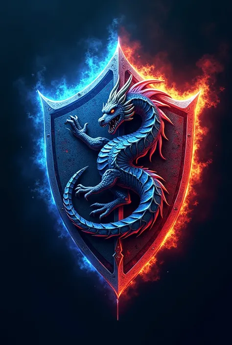 Logo: a dragon with a name in the middle changing of the blue Shifting shield with armor, swords, bright red effects, name on the part of the changing half 