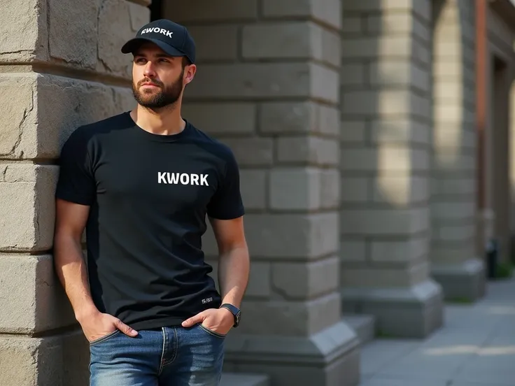 The 4d logo name ,  t-shirt, a 35-year-old Russian man multfilm , with a laptop in hand and skin color ,  color effects similar to the skin color of a real person,  short black hair and a baseball cap back,  with logo  (KWORK).  Smooth out wrinkles,  logo ...