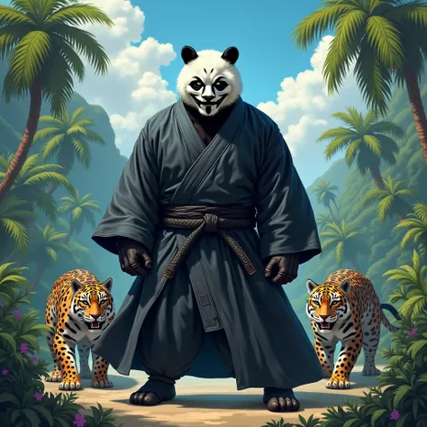 Strong panda wearing a black jiu jitsu kimono with a black overcoat on top, with a samurai mask similar to Guy Fawkes, a tropical background with a two jaguar.