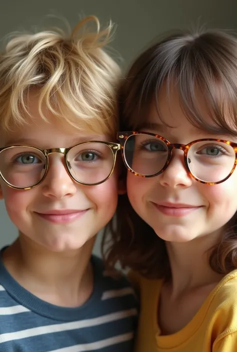 Blonde boy and Brown hair girl with gold glasses