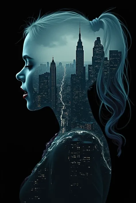 Profit du visage dharley quinn transparent sur fond noir avec à lintérieur du profit le paysage de Gotham city