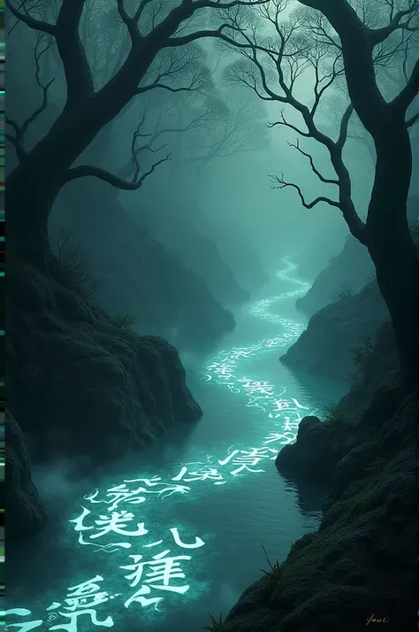 A river with Yami writing on the water flow