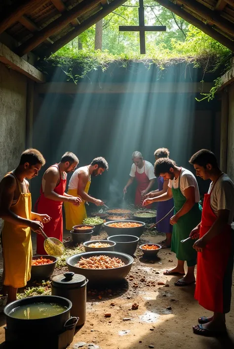  A rustic kitchen in the middle of a dense forest.  Sun rays filter through the leaves ,  illuminating the dirt floor . In the center of the wall,  a worn wooden crucifix . around, PEOPLE,  four men and four women ,  wear vibrantly colored aprons : yellow,...