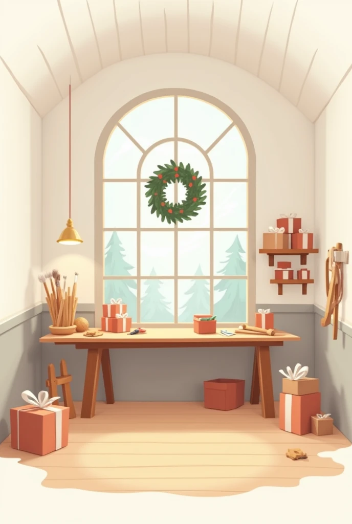 A minimalistic 2D vector illustration of Santas workshop, shown from an interior perspective. The design includes clean, simple lines and a soft, muted color palette with neutral tones like beige, cream, soft browns, and light grays. Key elements include a...