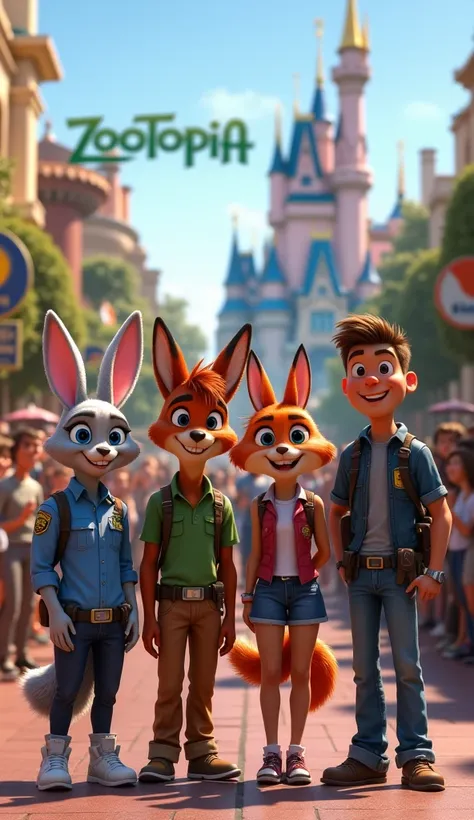 A group of friends enjoying a ZOOTOPIA-themed parade at Disneyland. Each wears costumes inspired by different characters: one as Judy Hopps with bunny ears and a police badge, another as Nick Wilde with a green shirt and fox tail. Spectators dressed as ele...