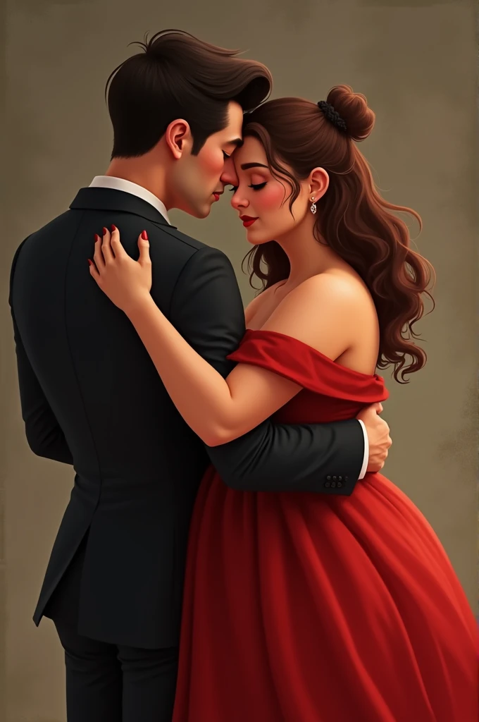 Image of a slightly chubby woman in a red dress hugging a man dressed in black behind the back