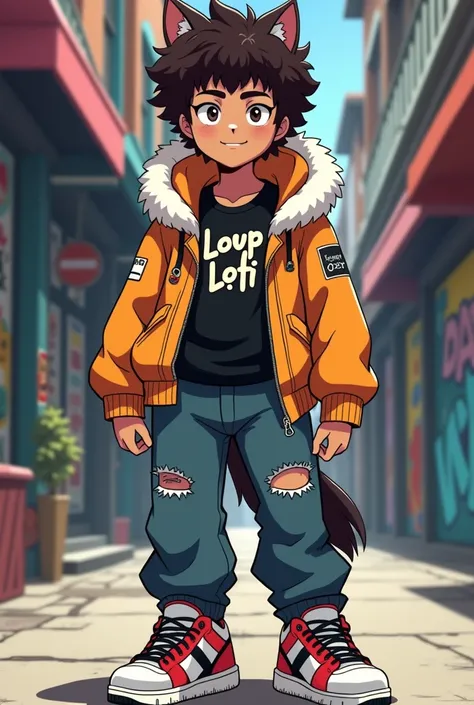 Create an anime-style mixed-race teenage character with light brown skin and curly, voluminous hair that is well defined. He wears a stylish jacket with fur detailing on his shoulders, a black T-shirt with the inscription Loup Lofi in bold, modern letterin...