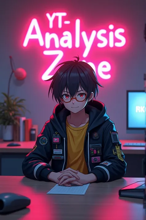 . Add a neon light design font spelling out YT Analysis Zone on the wallanime boy character sitting on a chair behind a table in studio his shirt color is yellow wearing black hoddie with loads of futuristic gadgets, add a studio table front of boy add som...