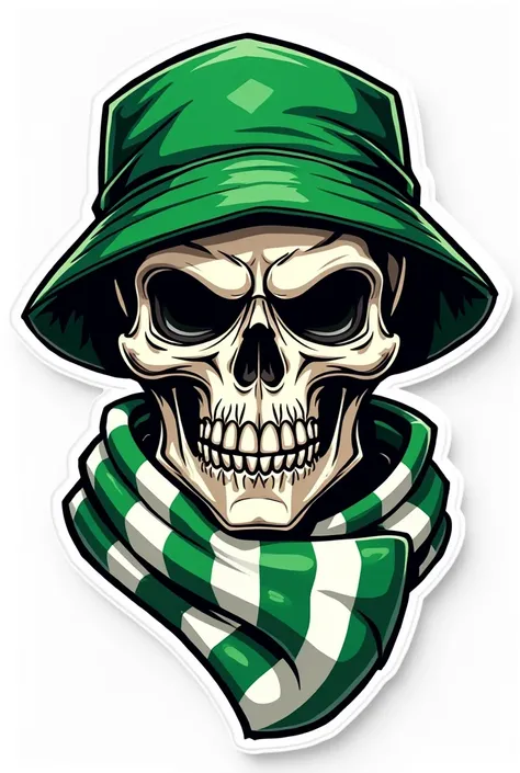 A graffiti-style illustration of a skull wearing a green bucket hat and a green-and-white scarf wrapped around its neck, resembling a football fan or hooligan. The design should be bold, with sharp lines and vibrant colors, similar to stickers used in foot...