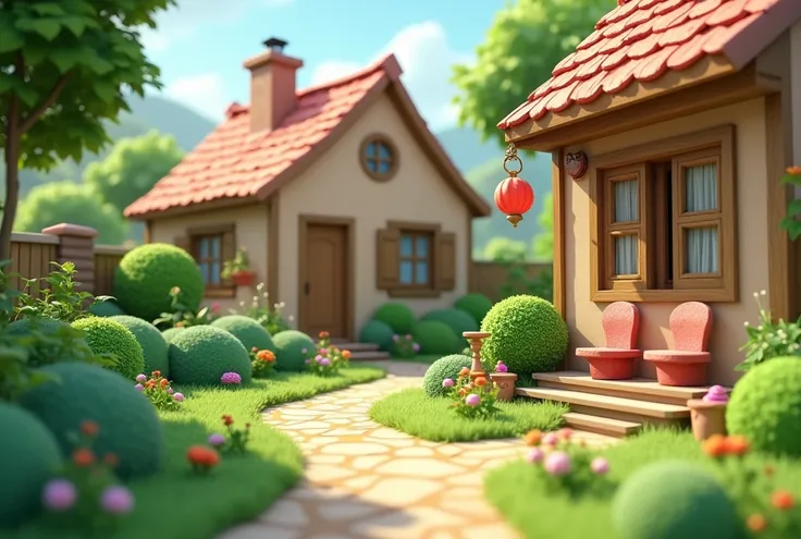 The courtyard garden of a beautiful cartoon house without showing the house near the shooting corner until some of the house shows a back garden and it is very simple 
realistic 3d 