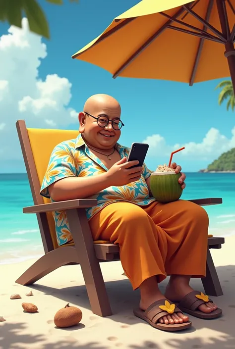 ((высшее качество)), ((шедевр)), (подробно), Buddha sitting on a shelzong on a beach in Phuket, he is under a beach umbrella. The time is a sunny day, with the blue ocean behind him. In his hands he is holding a cell phone, which he is looking into with a ...