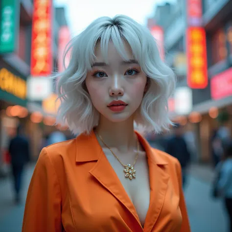 Curled bob cut, platinum hair woman in orange collared shirt posing to take photo in city, 8K artgerm Bokeh, well-proportioned body, beautiful korean woman, gorgeous necklace, beautiful young korean woman, soft portrait shot 8 K, korean girl, double and na...