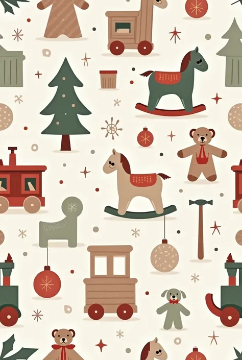 A seamless, minimalistic 2D vector illustration styled as a Christmas-themed postcard, depicting Santas toy workshop with a repeating pattern. The design includes elements such as toy workbenches, rocking horses, teddy bears, wooden trains, and simple tool...