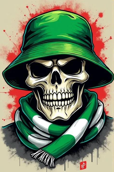 A graffiti-style illustration of a skull wearing a green bucket hat and a green-and-white scarf wrapped around its neck, resembling a football fan or hooligan. The design should be bold, with sharp lines and vibrant colors, similar to stickers used in foot...