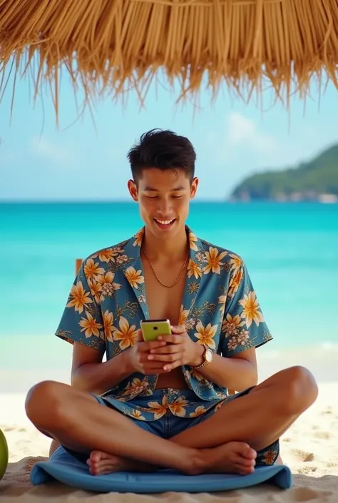 Young man Buddha sitting on a shelzong on a beach in Phuket, he is under a beach umbrella. The time is a sunny day, with the blue ocean behind him. In his hands he is holding a cell phone, which he is looking into with a smile. On his body is a Hawaiian sh...