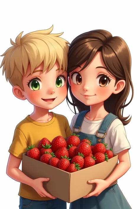 Two ren, one ten years old guero green eyes and the other white, eleven years old brown eyes holding a box of strawberries to sell with a white background