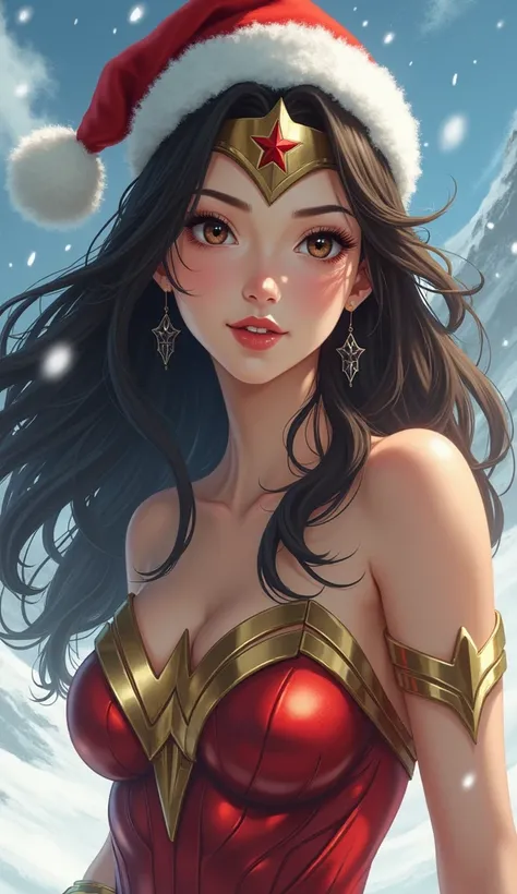 live-action、Cute  Japanese 、 glamorous、  Wonder Woman is standing on the ground    。 Wonder Woman wearing a red fugue is wearing a Santa Claus hat、Live-action       、  brown hair、  masterpiece on penis 、beautiful girls、beautiful Eyes、Narrow eyes、  Eyes are...