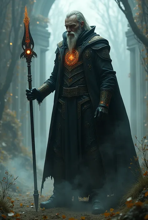 A necromancer and mystic man in a medieval black suit with cyberpunk traits,  Runiques and wizards , holding a double pointed spear in the back
