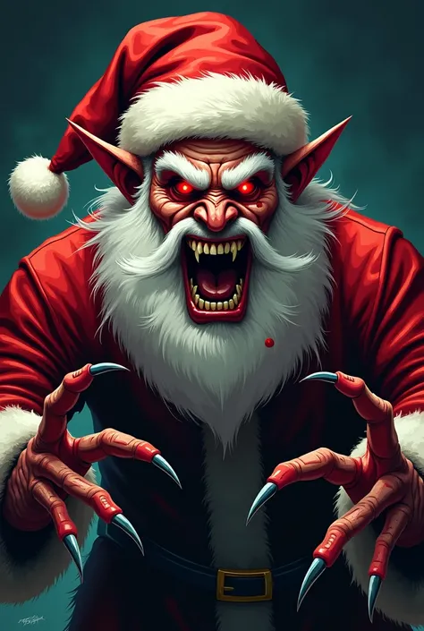 A vector-style 2D illustration of an evil Santa Claus, with glowing red eyes and a menacing expression, staring directly forward as if attacking. His face has exaggerated, angular features, sharp teeth, and pointed ears, emphasizing his sinister nature. Sa...