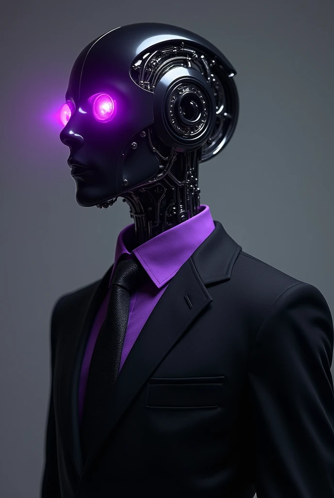 a man, with black suit, black slacks ,  faded purple shirt and purple tie, with computer iron head  straight face , with iron purple eyes LEDs