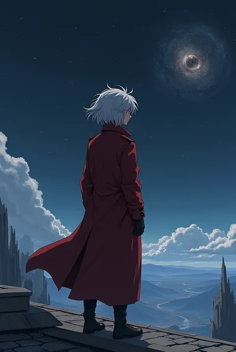 Back view of a white-haired teenager ， wearing a long dark red trench coat， He stands on the roof and looks at the fantastic black sky in the distance， gray crystals in the sky ，artistic conception，Focus。