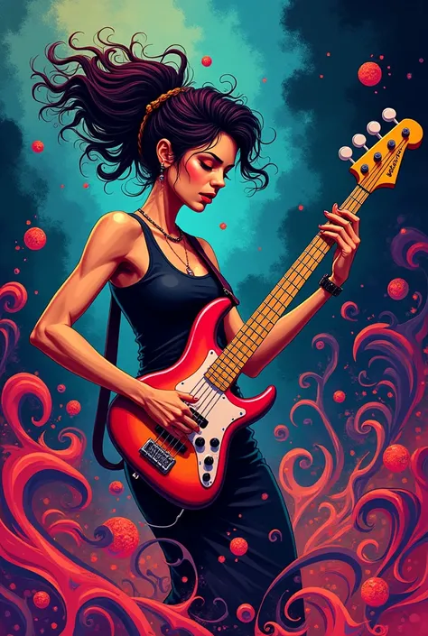 Woman playing animated bass with crazy black and colorful background