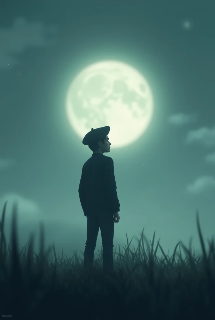 A man on the moonlit night wearing a beret cap on the blurry field. 