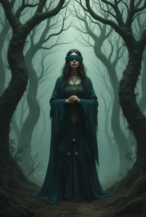 Mystical blind justice woman in macabre forest with paintings on trees