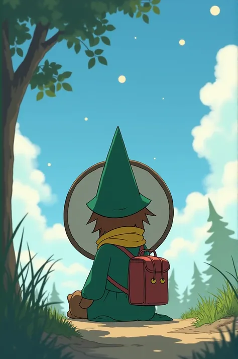 ( Masterpiece  :1.2,Superior Quality,Mirror finish, cinematic experience , Best Illustration ),8k,16k,wallpaper,(Lone traveler ),( snafkins),(green big pointed hat:1.3),(green poncho :1.3),(Green costume:1.3),( yellow scarf ),( rucksack),( sits down and lo...